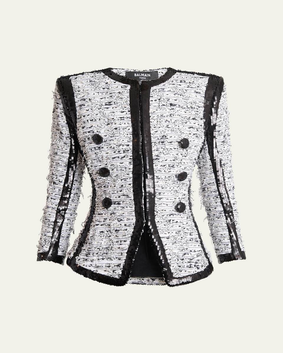 Collarless Raw-Edge Sequined Blazer